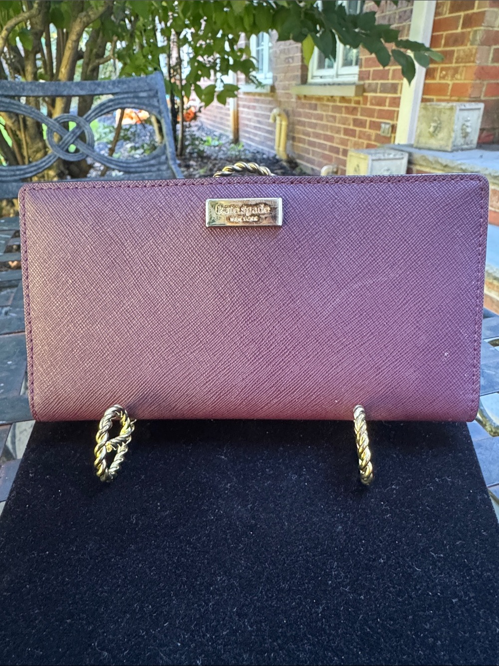 kate spade plum saffiano wallet with gold chain accents